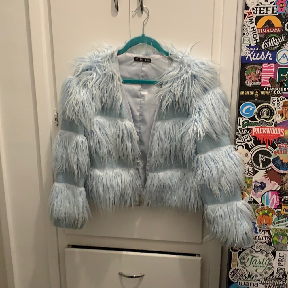 Baby blue faux fur coat